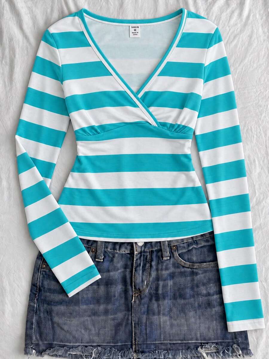 Teen Girls V-Neck Long Sleeve Casual Cute Versatile T-Shirt - White - View 1