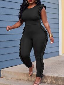 Slaydiva Plus Size Textured Zip Front Jumpsuit, Slim Fit Long Pants With Ruffle Back Detail, Curvy Night Out Outfit - Black - View 3