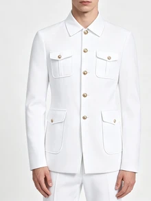 Calvornis Men's Safari Slim Fit Mandarin Collar Multi-Pocket Suit Blazer, Formal, Old Money - White - View 3