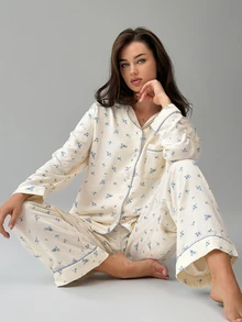 DAZY Women's All-Over Print Long Sleeve Top And Pants Casual Daily Home Sleepwear Set - Beige - View 1