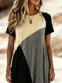 Linhara CURVE Plus Size Women's Colorblock Casual Daily Summer Dress - Apricot - View 1