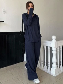 DAZY 女款純色長袖連帽衫與長褲休閒兩件套 - 藏蓝色 - 查看 3