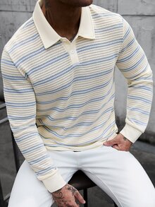 Manfinity CasualCool 男士藍白條紋針織半拉鍊網格紋理長袖 Polo 衫，休閒夏季度假針織鉤編上衣，復古富貴風 - 彩色 - 查看 1