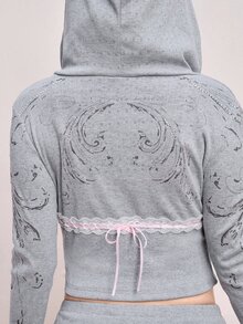 ROMWE Y2K Setelan 2 Potong Kardigan Berkerudung dan Celana Pendek Musim Gugur/Dingin untuk Wanita - Light Grey - View 2