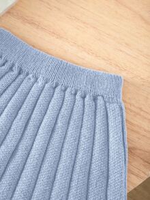 Souflis Young Girl Outfit Set Light Blue Knit Sweater Long Puff Sleeve Solid Top With Pleated Skirt - Blue - View 10