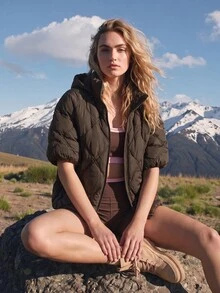 WanderVale Women's Quilted, Detachable Hood, Short Sleeve Batwing Sleeve Padded Coat, ,Brown, Diamond Stitch, Zip Up, Outdoor Fall Winter. - Coffee Brown - View 4
