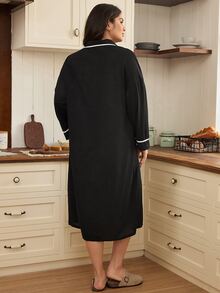Doze Lane Contrast Trim Plus Size Women's Button-Front Casual Open-Front Loungewear Robe - Black - View 3