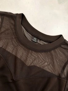 SHEIN LUNE CURVE 優雅網紗拼接圓領緊身時尚洋裝 - 棕色 - 查看 5