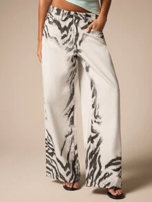 Athîral Denim 女款街頭風斑馬紋鈕扣口袋牛仔長褲 - 灰色 - 查看 1