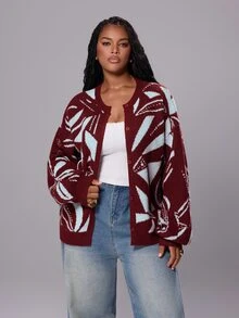Rustia Plus Size Women's Geometric Pattern Drop Shoulder Long Sleeve Single-Breasted Casual Knit Cardigan Winter - Multicolor - View 7