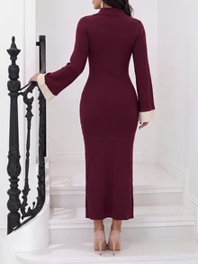 Modelyn Women's Colorblock Casual Everyday Knit Dress - Burgundy - View 2