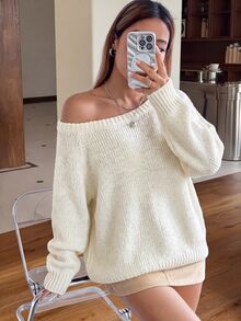 SHEIN EZwear 女款純色圓領插肩袖長袖休閒毛衣 - 杏色 - 查看 1