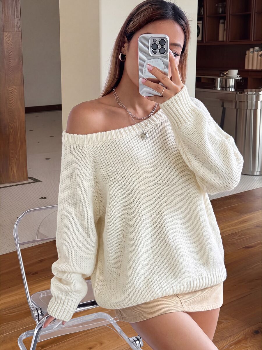 SHEIN EZwear 女款純色圓領插肩袖長袖休閒毛衣 - 杏色 - 查看 1