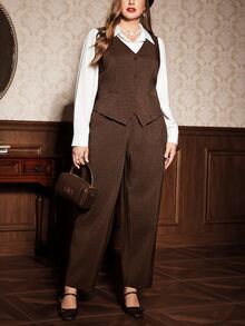 Auvina Plus Size 2 Pieces Set 2 In 1 Shirt Collar Brown Vest & Trousers Vintage Commute Outfit - Brown - View 6