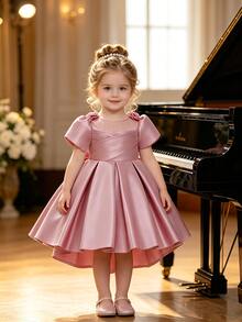SHEIN Glamorique Kids Baby Girl Satin Train 3D Flower Back Bow Decor Party Princess Dress - Dusty Pink - View 2