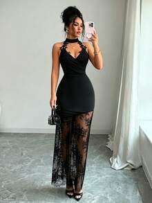 SHEIN PETITE فستان ماكسي أسود برقبة هالتر ودانتيل للنساء عصري - الأسود - مشاهدة 1
