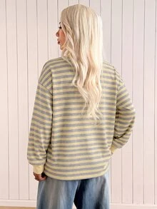 SHEIN EZwear 大尺碼女款條紋休閒百搭日常長袖T恤 秋季 - 彩色 - 查看 2