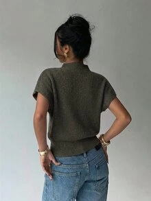 Aloruh 女款休閒通勤簡約純色漏斗領蝙蝠袖寬下擺針織上衣 - 軍綠色 - 查看 2