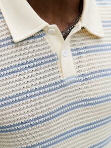 Manfinity CasualCool 男士藍白條紋針織半拉鍊網格紋理長袖 Polo 衫，休閒夏季度假針織鉤編上衣，復古富貴風 - 彩色 - 查看 3