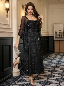 Reflora Gaun Pesta Berpayet dan Berkilau Ukuran Besar untuk Musim Gugur/Dingin, Rok Berpayet Unik dan Elegan untuk Musim Gugur. - Hitam - View 5