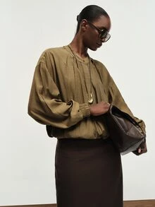 Aveloria Modichic Áo blouse nữ mùa hè mới phong cách thường ngày đa năng, cổ tròn, tay dài, dáng rủ - Cà phê nâu - Xem 5