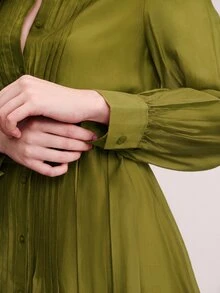 Aveloria Modichic Commuter Design, Belt Waist Cinched Decoration, Fashionable Elegant Pleated Quilted Versatile Slimming Long Dress - Olive Green - View 5