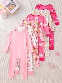 【隨機發貨1套】女嬰可愛甜美風 全印花花朵愛心圖案搭配豆沙色純色針織面料 修身秋冬長袖 - 彩色 - 查看 2