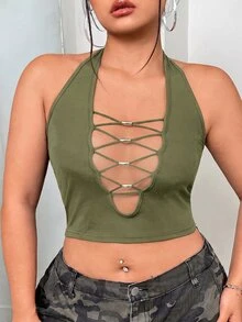 SHEIN ICON 大尺碼修身深V領串珠掛脖背心上衣 - 軍綠色 - 查看 5
