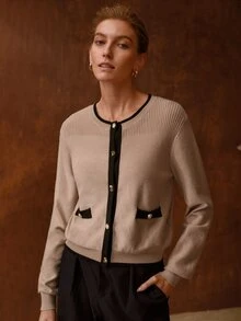 MOTF PREMIUM WOMEN'S COLORBLOCK LONG SLEEVE SINGLE-BREASTED CASUAL KNIT CARDIGAN - Khaki - View 5