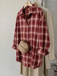 SHEIN LUNE 大尺碼女款格紋長袖單排扣休閒襯衫 - 彩色 - 查看 5