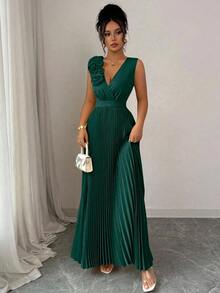 SHEIN Tall Tall V-Neck 3D Floral Dark Green Elegant Vintage Casual Cute Pleated Dress For Party And Gathering - Dark Green - View 4
