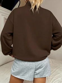SHEIN EZwear 休閒簡約寬鬆半拉鍊高領運動衫，適合秋冬穿著 - 棕色 - 查看 2