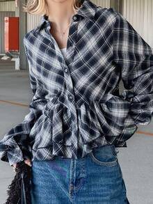 FRIFUL Women's Plaid Casual Versatile Everyday Outing Shirt - Black and White - View 6