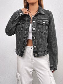 SHEIN EZwear 女款單排扣水洗牛仔夾克，秋季女裝 - 黑色 - 查看 6
