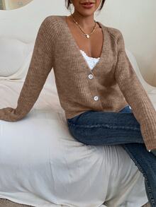 SHEIN PariChic 女款極簡優雅駝色深V領單排鈕扣針織長袖開襟衫，適合日常外出、休閒旅行、購物、度假、約會與聚會 - 駝色 - 查看 3