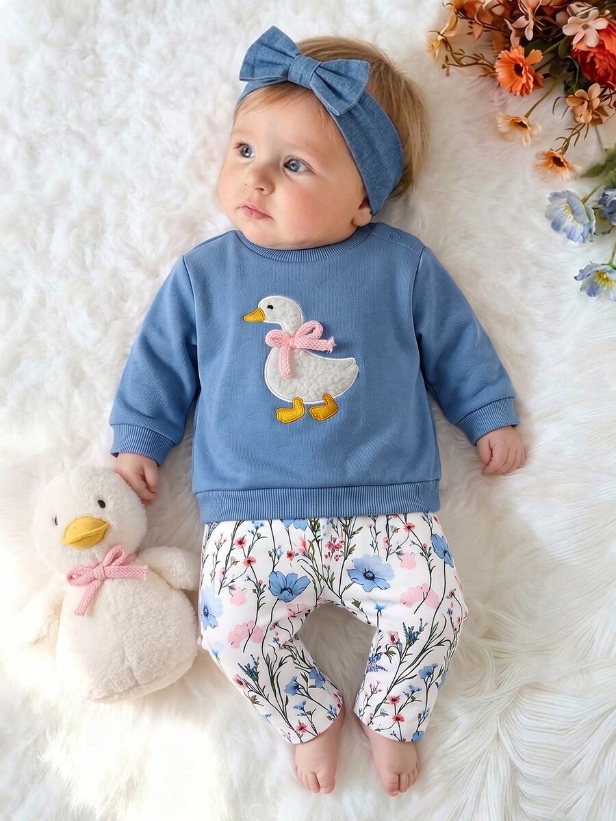 SHEIN 新生兒 3D 鴨子刺繡兒童圖案肩扣刷毛加厚套頭秋季衛衣與印花彈性內搭褲套裝，適合冬季 - 藍色 - 查看 1