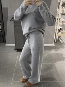DAZY Women's 2 Pieces Set: Embroidered Pattern Loose Long Sleeve Pullover Sweater & Straight Leg Pants, Casual Vacation Korean Street Style, Thickened Autumn/Winter - Grey - View 6