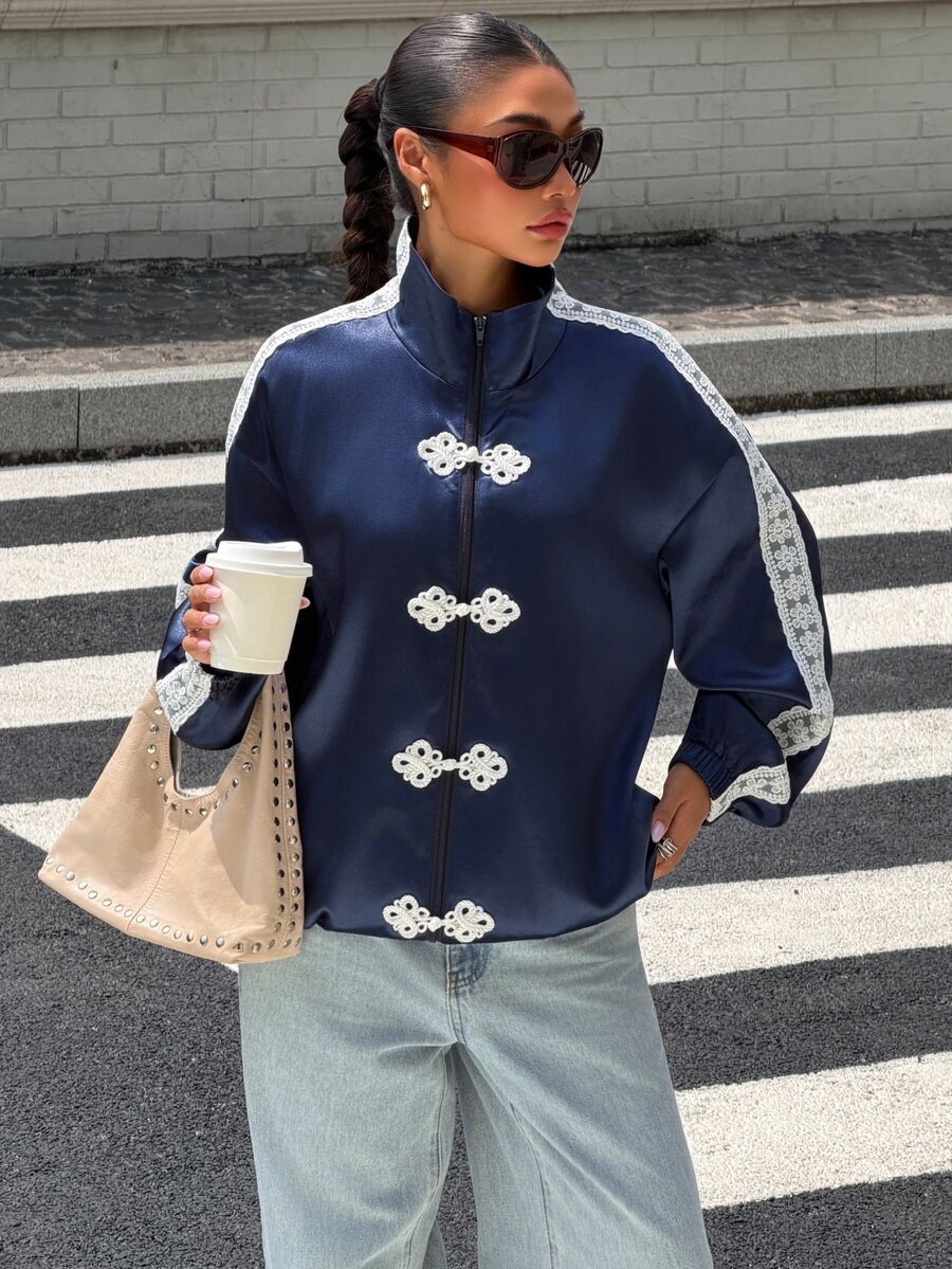 Muchica Women's New Royal Blue Satin Ribbon Patchwork Frog Button Design Loose Jacket - Royal Blue - View 1