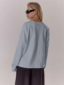 MUSERA 寬鬆大版圖案袖長袖上衣 T-shirt 酷女孩街頭風 日常學院風 1997 Holiday Vacation 圖案 T-shirt 春夏款 - 淺藍色 - 查看 2