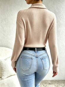 INAWLY Women's Plus Size New French Style Zipper Front Dropped Shoulder Textured Fabric T-Shirt, Winter Casual Spring Top - Apricot - View 2