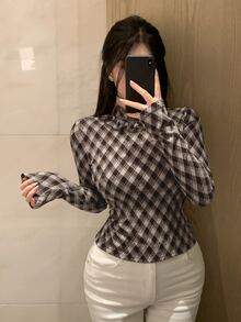 DAZY Women's Plaid Stand Collar Long Sleeve Patchwork Ruffle Fashion Blouse - Brown - View 8