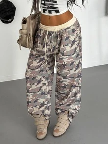 StreetHx Women's Camouflage Print Drawstring Waist Pocket Sweatpants - Apricot - View 7