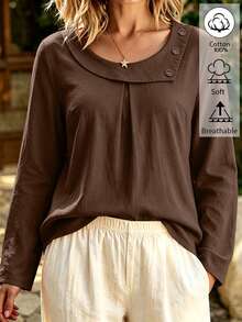 Weeklong Plus Size Cotton Fold Collar Long Sleeve Button Decor Loose Fit Casual Blouse Top - Brown - View 6