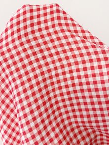 Snug Reverie Red And White Small Check Peter Pan Collar With Embroidered Lace, Red Bowknot, Cardigan Buttons, Ruffle Cuffs And Hem, Spring/Autumn Bubble Crepe Fabric - Red - View 7