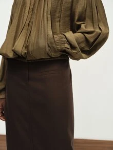 Aveloria Modichic Áo blouse nữ mùa hè mới phong cách thường ngày đa năng, cổ tròn, tay dài, dáng rủ - Cà phê nâu - Xem 3