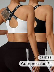 Velisys Velisys Women's Letter Print Criss-Cross Back Sports Bra - Multicolor - View 1