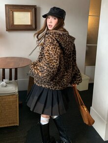 DAZY 女款豹紋寬鬆毛絨外套，休閒正裝版型女童冬季外套 - 棕色 - 查看 5