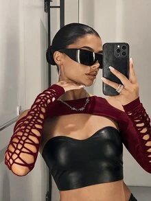 SHEIN ICON Cut Out Super Black Crop Top Without Bra - Burgundy - View 5