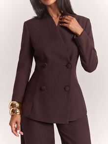 SHEIN BAE Setelan Kasual Wanita Lengan Panjang dan Celana Warna Polos - Coklat - View 6