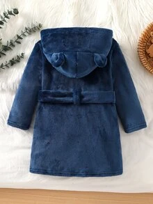 Boys' Simple Royal Blue Plush Long Sleeve Hooded Robe Loungewear - Blue - View 2